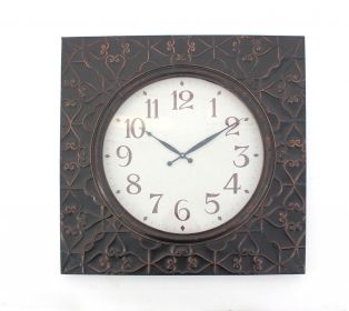 28" x 28" x 2" Brown Vintage Square Brass Metal  Wall Clock