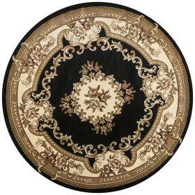 8' Round Black and Ivory Floral Bordered Indoor Area Accent Rug
