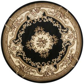 8' Round Black and Ivory Floral Bordered Indoor Area Accent Rug