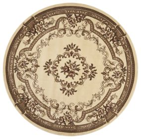 8' Ivory Hand Carved Floral Medallion Round Indoor Area Rug