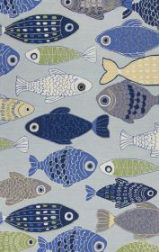 2'x3' Light Blue Hand Hooked  Sea Of Fish Bath Rug