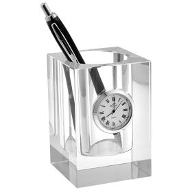 4" Hand Crafted Crystal Pen or Pencil Holder with Clock