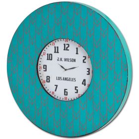 33" Oversize Contemporary Teal and Red Wall Clock with Dense Pattern and "JK Wilson Los Angeles"