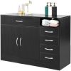 FCH MDF With Triamine Double Doors And Five Drawers Bathroom Cabinet Black *Free Shipping*