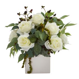 11” White Rose and Mixed Greens and Berries Artificial Arrangement