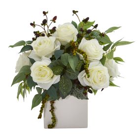 11â€ White Rose and Mixed Greens and Berries Artificial Arrangement