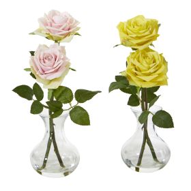 11â€ Rose Artificial Arrangement in Glass Vase (Set of 2)