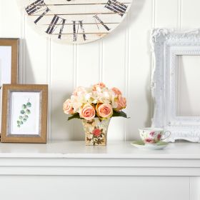 8” Rose And Hydrangea Bouquet Artificial Arrangement In Floral Vase