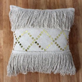 Hand Woven Cotton Fringe Pillow with Sequin Details, Beige *Free Shipping*