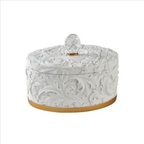 Jewelry Box with Baroque Scroll Design and Crystal Accent, White