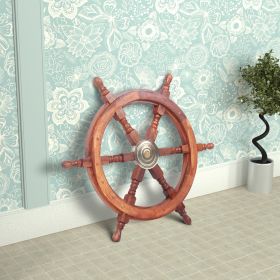 18" Teak Wood Ship Wheel with Brass Inset and Six Spokes, Brown and Gold *Free Shipping*