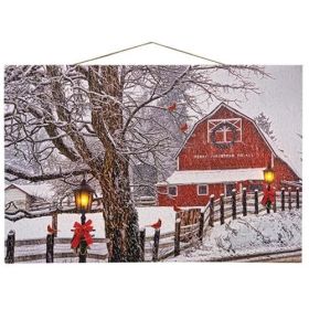 Christmas Holiday "Snowy Red Barn" LED Lighted Canvas Print