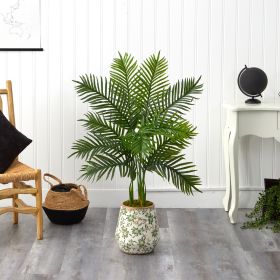 46â€ Areca Palm Artificial Tree in Floral Print Planter (Real Touch)