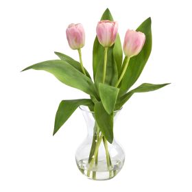 15” Tulip Artificial Arrangement In Glass Vase