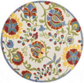 *Click on pic. for Add'l Sizes* Round Ivory Multi Floral Indoor Outdoor Area Rug (Size: 4')