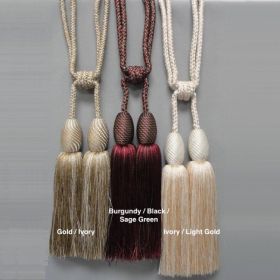 *Click on pic. for Add'l Colors* 8.5"x28" Hand Crafted Tassel Curtain Tie Backs (Color: Gold/Ivory)