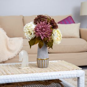 *Click on pic. for Add'l Colors* 17” Peony, Hydrangea And Dahlia Artificial Arrangement In Stoneware Vase With Gold Trimming (Color: Violet-White)