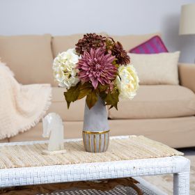 *Click on pic. for Add'l Colors* 17â€ Peony, Hydrangea And Dahlia Artificial Arrangement In Stoneware Vase With Gold Trimming (Color: Violet-White)