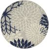 *Click on pic. for Add'l Sizes* Round Ivory and Navy Indoor Outdoor Area Rug