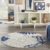 *Click on pic. for Add'l Sizes* Round Ivory and Navy Indoor Outdoor Area Rug